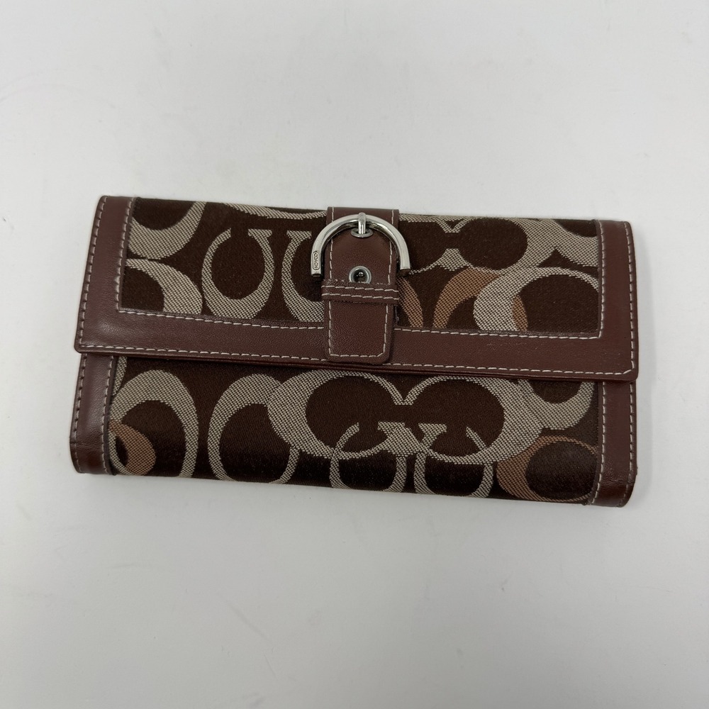 Coach Womens Signature C Buckle Slim Envelope Wallet Brown Preowned Flaw